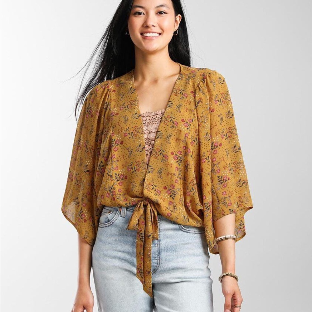 Daytrip Mustard Floral Tie-Front Kimono Top
